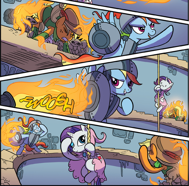 Size: 1709x1684 | Tagged: safe, artist:kate sherron, derpibooru import, idw, applejack, rainbow dash, rarity, pony, spoiler:comic80, armor, climbing, cloak, clothes, fire, official comic, rope, shield