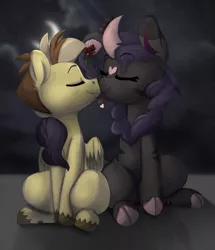 Size: 1077x1252 | Tagged: artist:whydomenhavenipples, belly button, blushing, changeling, changeling oc, christmas, cloud, cloven hooves, colored, color edit, colorist:taymalerei, couple, derpibooru import, disguise, disguised changeling, duo, edit, eyes closed, female, heart, holiday, holly, holly mistaken for mistletoe, hybrid, kirin, kirin oc, kissing, male, mapling, moon, night, oc, oc:dazzling flash, oc:maple syrup, patreon, patreon reward, purple changeling, safe, sitting, straight, stripes, two color hair, two colour hair, unshorn fetlocks, wings, zebra, zebra oc