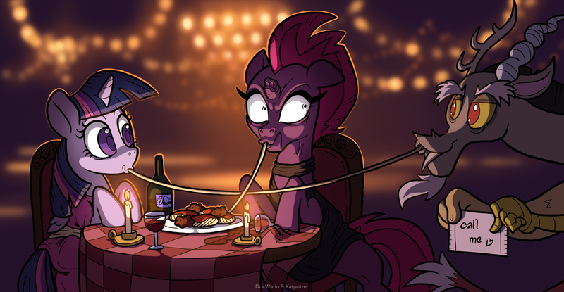 Size: 3777x1961 | Tagged: safe, artist:docwario, artist:katputze, derpibooru import, discord, tempest shadow, twilight sparkle, twilight sparkle (alicorn), alicorn, draconequus, pony, unicorn, alcohol, angry, bisexual, broken horn, clothes, cockblock, date, date night, discolight, discord being discord, eating, faic, female, food, glass, heart, horn, imminent murder, lady and the tramp, lesbian, lesbian in front of boys, male, mare, meme, pasta, shipping, spaghetti, spaghetti scene, straight, tempest shadow is not amused, tempestlight, unamused, waifu thief, wine, wine bottle, wine glass