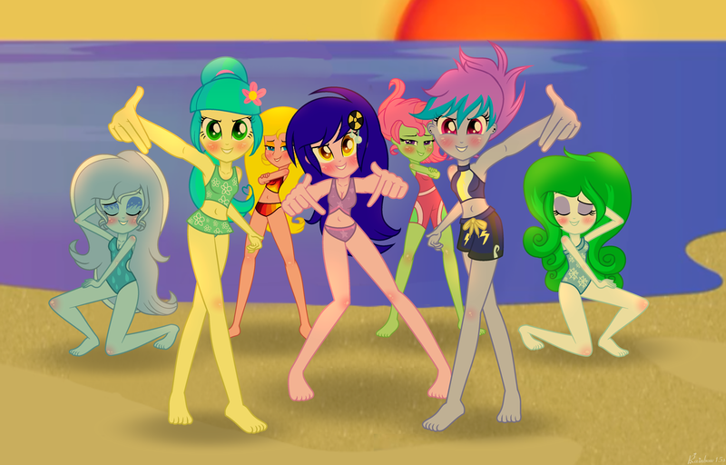 Size: 4889x3130 | Tagged: safe, artist:rainbow15s, derpibooru import, oc, oc:fire jewel, unofficial characters only, equestria girls, equestria girls series, i'm on a yacht, spoiler:eqg series (season 2), barefoot, beach, bikini, clothes, feet, female, ocean, sunset, swimsuit