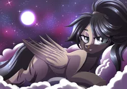 Size: 3194x2238 | Tagged: source needed, useless source url, safe, artist:ask-colorsound, derpibooru import, oc, oc:rhea, unofficial characters only, pegasus, pony, clothes, cloud, colored wings, female, full moon, gradient wings, jacket, looking at you, mare, moon, night, night sky, nose piercing, nose ring, pegasus oc, piercing, ponytail, prone, sky, slit eyes, smiling, solo, starry night, stars, wings