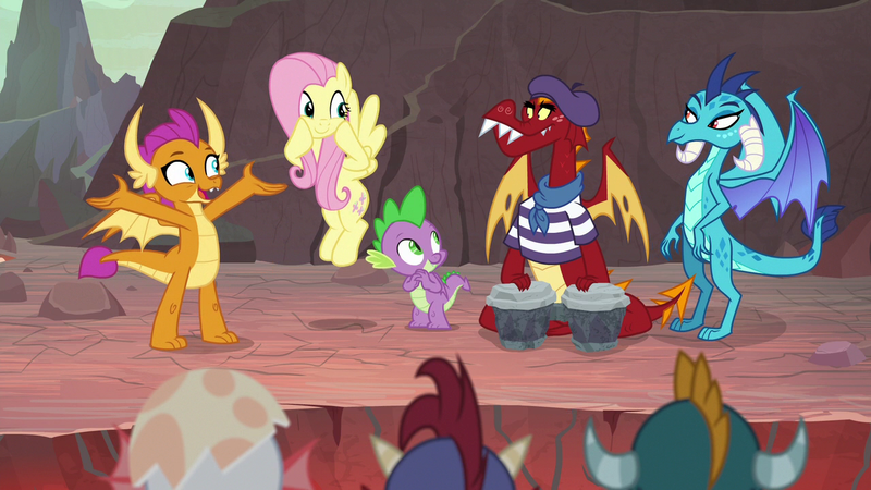 Size: 1280x720 | Tagged: safe, derpibooru import, screencap, baby rubble, baby sparks, fluttershy, garble, princess ember, smolder, spike, dragon, pegasus, pony, sweet and smoky, beatnik, bongos, dragoness, female, male, mare, teenaged dragon, winged spike