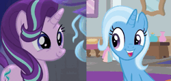 Size: 623x297 | Tagged: safe, derpibooru import, edit, edited screencap, screencap, starlight glimmer, trixie, pony, unicorn, a horse shoe-in, no second prances, animated, cropped, cute, diatrixes, duo, female, glimmerbetes, mare, one eye closed, smiling, wink