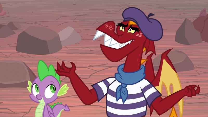 Size: 1280x720 | Tagged: beatnik, beret, clothes, derpibooru import, dragon, duo, garble, hat, male, safe, screencap, shirt, spike, spread arms, striped shirt, sweet and smoky, winged spike