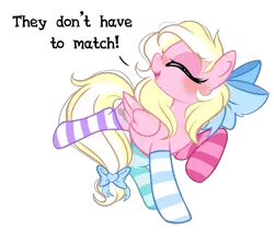 Size: 3055x2595 | Tagged: safe, artist:emberslament, derpibooru import, oc, oc:bay breeze, unofficial characters only, pegasus, pony, blushing, bow, clothes, cute, dialogue, eyes closed, female, hair bow, mare, mismatched socks, ocbetes, open mouth, simple background, socks, solo, striped socks, tail bow, text, thigh highs, transparent background