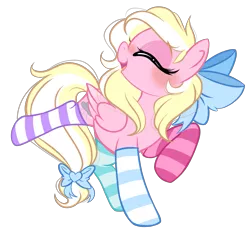 Size: 2573x2430 | Tagged: safe, artist:emberslament, derpibooru import, oc, oc:bay breeze, unofficial characters only, pegasus, pony, 2020 community collab, derpibooru community collaboration, blushing, bow, clothes, cute, eyes closed, female, hair bow, mare, mismatched socks, ocbetes, open mouth, simple background, socks, solo, striped socks, tail bow, transparent background