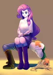 Size: 700x990 | Tagged: safe, artist:bakki, derpibooru import, applejack, rarity, equestria girls, appleseat, backbend, boots, clothes, crossed arms, female, jeans, pants, shoes, sitting, sitting on person, skirt, tablejack