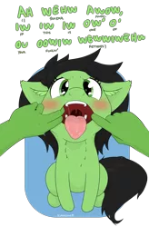 Size: 2160x3300 | Tagged: suggestive, artist:kumakum, derpibooru import, oc, oc:anon, oc:anonfilly, unofficial characters only, earth pony, pony, blushing, dialogue, drool, female, filly, looking at you, mawshot, offscreen character, open mouth, pov, sitting, uvula