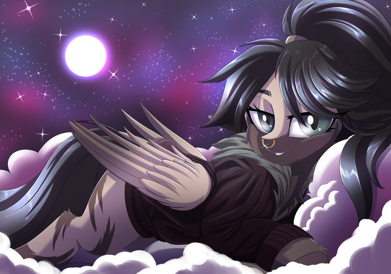 Size: 3194x2238 | Tagged: source needed, useless source url, safe, alternate version, artist:ask-colorsound, derpibooru import, oc, oc:rhea, unofficial characters only, pegasus, pony, bomber jacket, clothes, cloud, colored wings, female, full moon, gradient wings, jacket, looking at you, mare, moon, night, night sky, nose piercing, nose ring, piercing, ponytail, prone, sky, slit eyes, smiling, solo, starry night, stars, wings