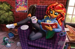 Size: 2400x1565 | Tagged: safe, artist:harwick, derpibooru import, kiwi lollipop, ray, sunset shimmer, supernova zap, gecko, equestria girls, book, chair, clothes, coffee, coffee mug, comfy, cute, female, food, journal, k-lo, mouth hold, mug, pen, pizza, pizza box, plate, postcrush, potted plant, reading, shimmerbetes, shoes, sneakers, socks, solo, su-z, sunset shimmer day, sweater, sweet snacks cafe