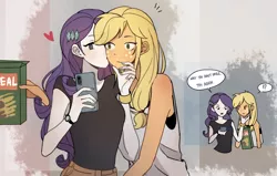 Size: 1954x1240 | Tagged: safe, artist:tcn1205, derpibooru import, applejack, rarity, equestria girls, cereal, cute, eating, female, food, jackabetes, kiss on the cheek, kissing, lesbian, raribetes, rarijack, selfie, shipping