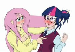 Size: 2300x1600 | Tagged: artist:kumakum, blushing, boob window, breasts, cleavage, clothes, derpibooru import, drool, drool string, female, fluttershy, glasses, human, humanized, kissing, lesbian, necktie, open mouth, pencil, sci-twi, scitwishy, shipping, shirt, suggestive, sweater, sweatershy, twilight sparkle, twishy, vest