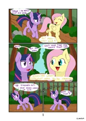 Size: 3114x4354 | Tagged: safe, artist:kumakum, derpibooru import, fluttershy, twilight sparkle, pegasus, pony, unicorn, comic:relieving stress, bush, comic, dialogue, faic, female, growling, mare, open mouth, outdoors, speech bubble, tree, unicorn twilight