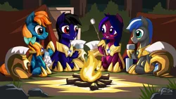 Size: 1024x576 | Tagged: safe, artist:mysticalpha, derpibooru import, oc, oc:cloud zapper, oc:crescent flower, oc:paladin colt, unofficial characters only, crystal pony, earth pony, pegasus, pony, armor, campfire, campsite, female, food, male, mare, marshmallow, royal guard, royal guard armor, stallion, tea, tent