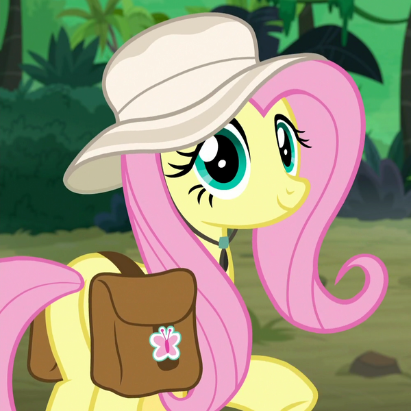 Size: 1000x1000 | Tagged: safe, derpibooru import, screencap, fluttershy, pegasus, pony, daring doubt, bag, butt, cropped, cute, female, hat, jungle, looking at you, mare, plot, saddle bag, shyabetes, smiling, solo