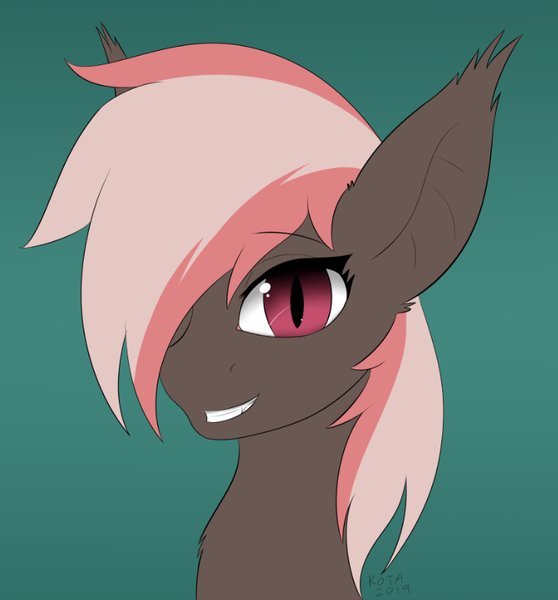 Size: 727x782 | Tagged: safe, artist:kota, derpibooru import, oc, oc:choccy, unofficial characters only, bat pony, pony, bat pony oc, bat wings, bust, chest fluff, cute, ear fluff, ear tufts, female, green background, hair over one eye, mare, ocbetes, portrait, simple background, solo, wings