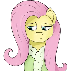 Size: 1116x1080 | Tagged: safe, artist:kirr12, derpibooru import, fluttershy, pegasus, pony, bathrobe, clothes, female, looking down, mare, robe, sad, simple background, solo, transparent background