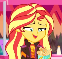 Size: 1128x1080 | Tagged: safe, derpibooru import, screencap, sunset shimmer, equestria girls, equestria girls series, sunset's backstage pass!, spoiler:eqg series (season 2), churros, clothes, cropped, female, food, jacket, music festival outfit, open mouth, outdoors, smiling, solo