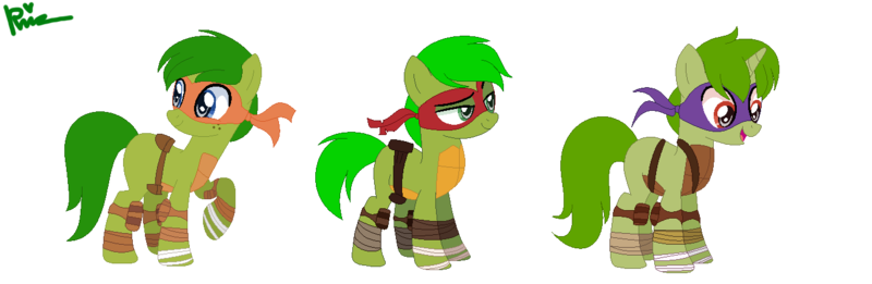 Size: 1366x446 | Tagged: safe, artist:selenaede, artist:xxkawailloverchanxx, derpibooru import, ponified, earth pony, pony, unicorn, base used, crossover, donatello, michelangelo, ms paint, paint.net, raphael, teenage mutant ninja turtles