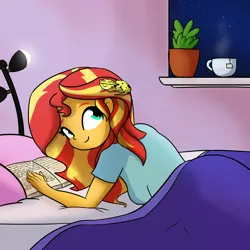 Size: 2160x2160 | Tagged: safe, artist:tjpones, derpibooru import, ray, sunset shimmer, gecko, leopard gecko, equestria girls, bed, blanket, book, cute, duo, female, food, pet, raybetes, shimmerbetes, smiling, tea