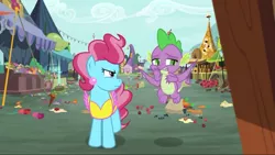 Size: 1280x720 | Tagged: safe, derpibooru import, screencap, cup cake, spike, dragon, earth pony, pony, the big mac question, baby, baby dragon, claws, displeased, duo, ear piercing, female, flapping, flying, frown, glare, looking to side, male, mare, mess, mrs. cake is not amused, piercing, ponyville, walking, winged spike