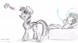 Size: 2000x1100 | Tagged: safe, artist:rockhoppr3, derpibooru import, starlight glimmer, twilight sparkle, twilight sparkle (alicorn), alicorn, pony, armpits, clothes, hypnosis, magic, maid, monochrome, this will end in communism, traditional art