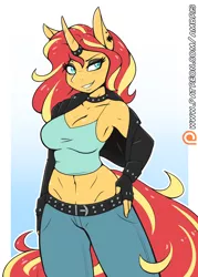 Size: 1314x1839 | Tagged: safe, artist:ambris, derpibooru import, sunset shimmer, anthro, unicorn, armpits, belly button, black eyeshadow, blushing, bottomless, breasts, busty sunset shimmer, clothes, collar, digital art, eyeshadow, female, fingerless gloves, gloves, horn, horn jewelry, horn ring, jacket, jewelry, makeup, mare, midriff, no bra underneath, no panties, no underwear, pants, partial nudity, patreon, patreon logo, ring, short shirt, smiling, solo, spiked belt, spiked collar, sunset shimmer day, tanktop