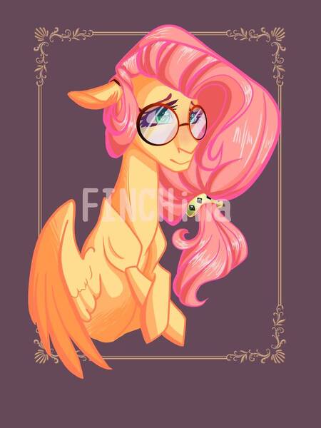 Size: 774x1032 | Tagged: safe, artist:finchina, derpibooru import, fluttershy, pegasus, pony, alternate hairstyle, bust, crossed hooves, female, floppy ears, glasses, hair ornament, mare, obtrusive watermark, portrait, solo, spread wings, three quarter view, watermark, wings