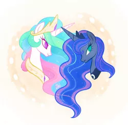 Size: 500x488 | Tagged: safe, artist:mn27, derpibooru import, princess celestia, princess luna, alicorn, pony, abstract background, bust, crown, duo, female, jewelry, mare, no pupils, peytral, portrait, profile, regalia, royal sisters, siblings, sisters