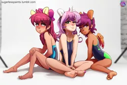 Size: 3401x2296 | Tagged: adorabloom, apple bloom, artist:sugarlesspaints, barefoot, blushing, body freckles, clothes, cute, cutealoo, cutie mark crusaders, derpibooru import, diasweetes, explicit source, fake ears, feet, female, freckles, headband, human, humanized, looking at you, nail polish, one eye closed, one-piece swimsuit, open-back swimsuit, photo shoot, safe, scootaloo, smiling, sweetie belle, swimsuit, wink