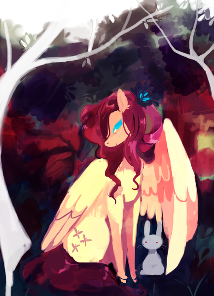 Size: 983x1359 | Tagged: safe, artist:simpleoddities, derpibooru import, fluttershy, pegasus, pony, rabbit, the last problem, animal, duo, female, hair over one eye, head turn, lidded eyes, mare, older, older fluttershy, one wing out, outdoors, sitting, smiling, three quarter view, tree, wings