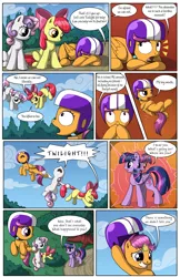 Size: 2030x3130 | Tagged: safe, artist:sirzi, derpibooru import, apple bloom, scootaloo, sweetie belle, twilight sparkle, twilight sparkle (alicorn), alicorn, earth pony, pegasus, pony, unicorn, comic:talisman for a pony, bow, clothes, comic, cutie mark crusaders, female, filly, floating, hair bow, helmet, jackie chan adventures, screaming, speech bubble, talisman, trio