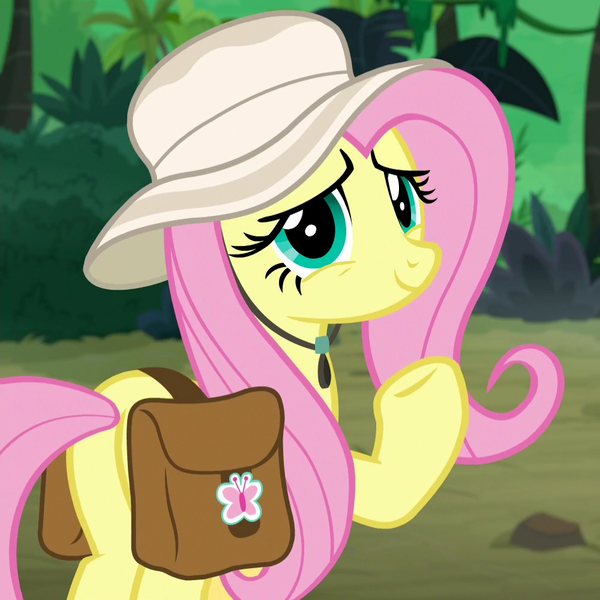 Size: 1000x1000 | Tagged: safe, derpibooru import, screencap, fluttershy, pegasus, pony, daring doubt, bag, butt, cropped, cute, female, hat, jungle, looking at you, mare, plot, raised hoof, saddle bag, shyabetes, smiling, solo