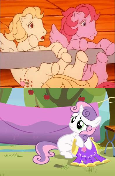 Size: 709x1078 | Tagged: safe, derpibooru import, edit, edited screencap, screencap, heart throb, lofty, sweetie belle, pegasus, pony, unicorn, bright lights, my little pony 'n friends, the show stoppers, animation error, apple, apple tree, clothes, clothes line, cropped, female, filly, five legs, foal, food, g1, g1 to g4, generation leap, great moments in animation, literal fifth leg, mare, mousetrap, not a penis, sweetie fail, tree