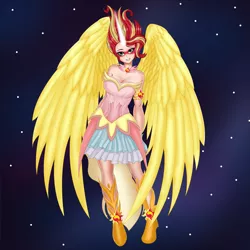 Size: 2835x2835 | Tagged: safe, artist:anonix123, derpibooru import, sunset shimmer, human, equestria girls, angel, beautiful, breasts, busty sunset shimmer, cleavage, clothes, cute, daydream shimmer, dress, female, fingerless gloves, gloves, glowing horn, high res, horn, human coloration, humanized, looking at you, night, skirt, smiling, solo, stars, wings