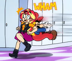 Size: 1280x1089 | Tagged: safe, artist:cailauniverse, derpibooru import, sunset shimmer, human, equestria girls, equestria girls series, cap, clothes, crash, crashed, crashing, crossover, geode of empathy, gloves, hat, lockers, magical geodes, mario, mario's hat, nintendo, shoes, super mario bros., thrown