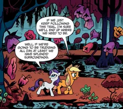 Size: 725x642 | Tagged: safe, artist:andypriceart, derpibooru import, idw, applejack, rarity, earth pony, pony, unicorn, spoiler:comic, spoiler:comic03, duo, female, flower, forest of leota, giant flower, mare, official comic, speech bubble, swamp, tree