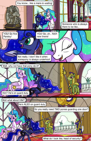 Size: 1989x3072 | Tagged: safe, artist:docwario, derpibooru import, princess celestia, princess luna, alicorn, earth pony, pony, comic:royal chores, comic, eyes closed, guard, jewelry, necklace, open mouth, royal guard, royal sisters