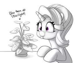 Size: 2204x1781 | Tagged: safe, artist:pabbley, derpibooru import, phyllis, starlight glimmer, pony, unicorn, a horse shoe-in, :p, cute, eye clipping through hair, female, glimmerbetes, hallucination, insanity, mare, partial color, plant, potted plant, pure unfiltered evil, silly, smiling, solo, tongue out, wrong eye color