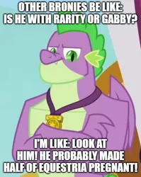 Size: 500x628 | Tagged: caption, cropped, derpibooru import, dragon, edit, edited screencap, gigachad spike, image macro, implied gabby, implied pregnancy, implied rarity, implied shipping, implied spabby, implied sparity, implied straight, male, meme, older, older spike, royal advisor, safe, screencap, spike, spike gets all the mares, straight, text, the last problem, winged spike