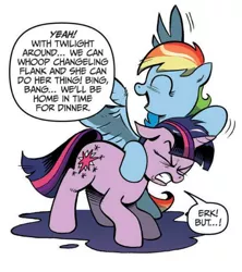 Size: 504x568 | Tagged: safe, artist:andypriceart, derpibooru import, idw, rainbow dash, twilight sparkle, pegasus, pony, unicorn, spoiler:comic, spoiler:comic04, duo, eyes closed, female, mare, noogie, official comic, simple background, speech bubble, unicorn twilight, white background