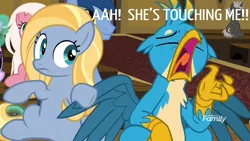 Size: 1920x1080 | Tagged: safe, derpibooru import, edit, edited screencap, screencap, blues, dark moon, fuchsia frost, gallus, goldy wings, graphite, noteworthy, earth pony, gryphon, pegasus, pony, unicorn, a horse shoe-in, animation error, bored, discovery family logo, female, friendship student, frown, male, mare, personal space invasion, stallion, yawn