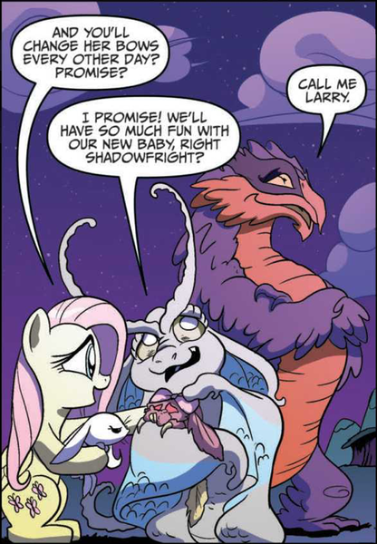 Size: 518x747 | Tagged: safe, derpibooru import, idw, angel bunny, fluttershy, jerome, larry, shadowfright, pegasus, pony, rabbit, spoiler:comic, spoiler:comic08, animal, comic, crossed arms, female, male, mare, moon creature, official comic, speech bubble