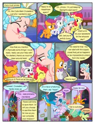 Size: 612x792 | Tagged: safe, artist:newbiespud, derpibooru import, edit, edited screencap, screencap, apple bloom, cozy glow, gallus, ocellus, sandbar, scootaloo, silverstream, smolder, sweetie belle, yona, changedling, changeling, classical hippogriff, dragon, earth pony, gryphon, hippogriff, pegasus, pony, unicorn, yak, comic:friendship is dragons, school raze, bedroom eyes, bow, comic, cutie mark, cutie mark crusaders, dialogue, dragoness, eyes closed, female, freckles, grin, hair bow, male, pointing, raised hoof, screencap comic, smiling, student six, the cmc's cutie marks