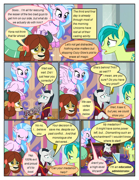 Size: 612x792 | Tagged: safe, artist:newbiespud, derpibooru import, edit, edited screencap, screencap, chancellor neighsay, sandbar, silverstream, yona, classical hippogriff, earth pony, hippogriff, pony, yak, comic:friendship is dragons, school raze, chains, chair, comic, desk, dialogue, eyes closed, female, flying, frown, looking down, male, sad, screencap comic, stallion, table, trash can