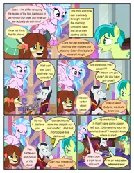 Size: 612x792 | Tagged: safe, artist:newbiespud, derpibooru import, edit, edited screencap, screencap, chancellor neighsay, sandbar, silverstream, yona, classical hippogriff, earth pony, hippogriff, pony, yak, comic:friendship is dragons, school raze, chains, chair, comic, desk, dialogue, eyes closed, female, flying, frown, looking down, male, sad, screencap comic, stallion, table, trash can