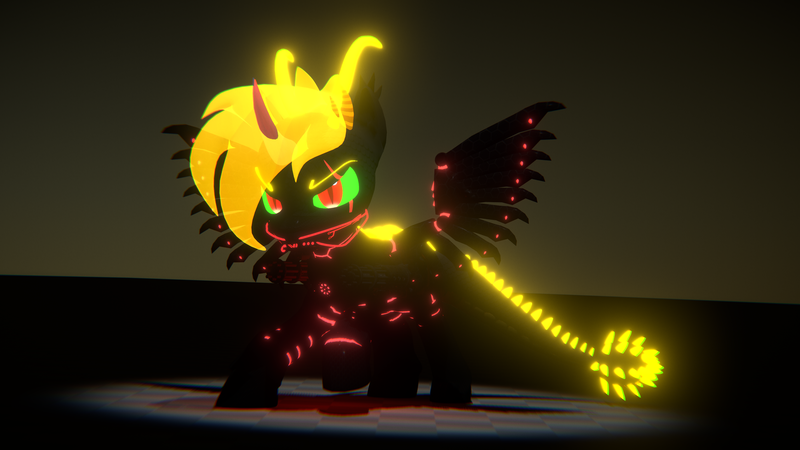 Size: 3840x2160 | Tagged: safe, artist:phoenixtm, derpibooru import, oc, oc:phoenix stardash, dracony, dragon, hybrid, pony, 3d, angry, colored horn, curved horn, cyborg dracony, dracony alicorn, edgy, halloween, holiday, horn, minigun, sombra eyes, sombra's horn, spread wings, weapon, wings