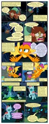 Size: 612x1553 | Tagged: safe, artist:newbiespud, derpibooru import, edit, edited screencap, screencap, smolder, yona, changedling, changeling, dragon, goo, pony, spider, yak, comic:friendship is dragons, what lies beneath, bow, comic, confused, crystal, dialogue, dragoness, female, flying, hair bow, raised hoof, scared, screencap comic, shadow, smiling, spider web, suspicious