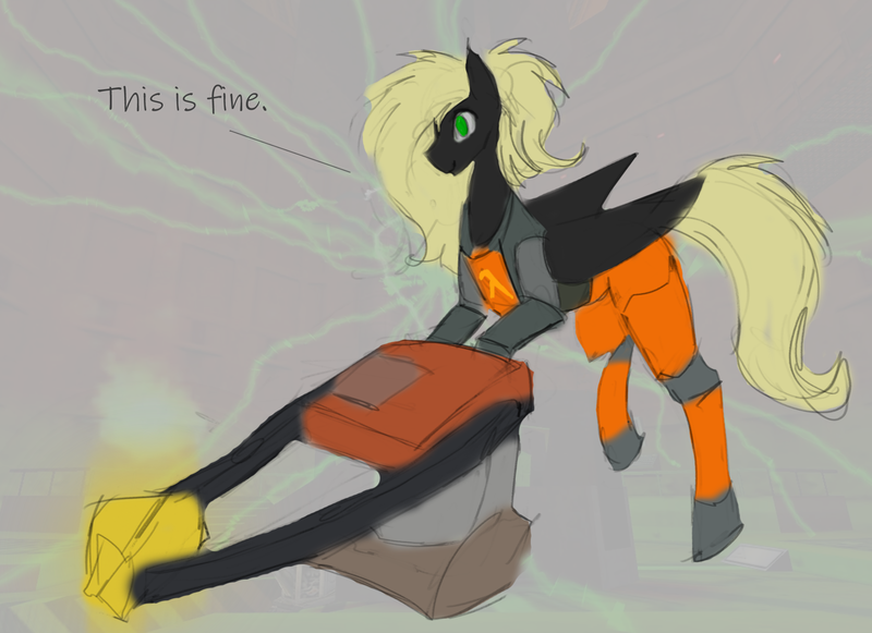 Size: 1825x1326 | Tagged: safe, artist:nsilverdraws, derpibooru import, oc, oc:veen sundown, unofficial characters only, horse, pegasus, pony, clothes, female, half-life, hev suit, mare, resonance cascade, sketch, solo, suit, sundown clan, test chamber, this is fine, this will not end well