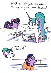 Size: 763x1089 | Tagged: safe, artist:jargon scott, derpibooru import, princess celestia, twilight sparkle, pony, 2 panel comic, adorable distress, comic, cute, cutelestia, dialogue, flailing, float, inner tube, ponytail, simple background, smol, squatpony, swimming, swimming pool, twiabetes, twiggie, water wings, white background